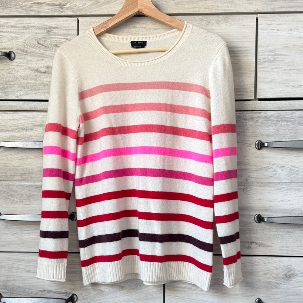Talbots cashmere crewneck pullover beige base with multicolor stripes size MP